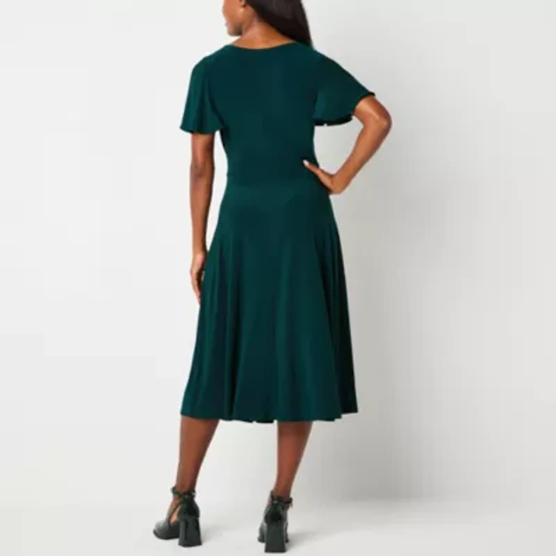Perceptions Womens Short Sleeve Midi Petite Fit + Flare Dress