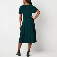 Perceptions Womens Short Sleeve Midi Fit + Flare Dress Petite