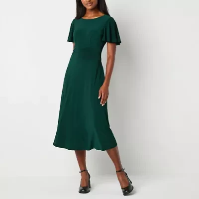 Perceptions Womens Short Sleeve Midi Fit + Flare Dress Petite
