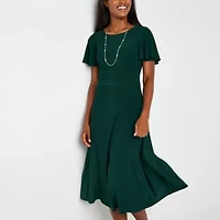 Perceptions Womens Short Sleeve Midi Fit + Flare Dress Petite