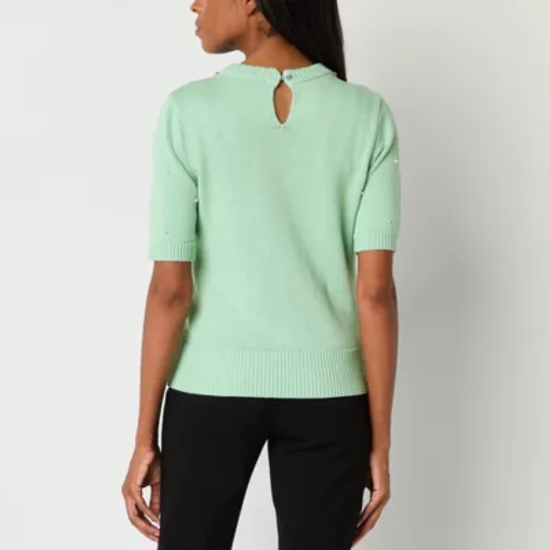 Liz Claiborne Womens Crew Neck Embellished Short Sleeve Pullover Sweater