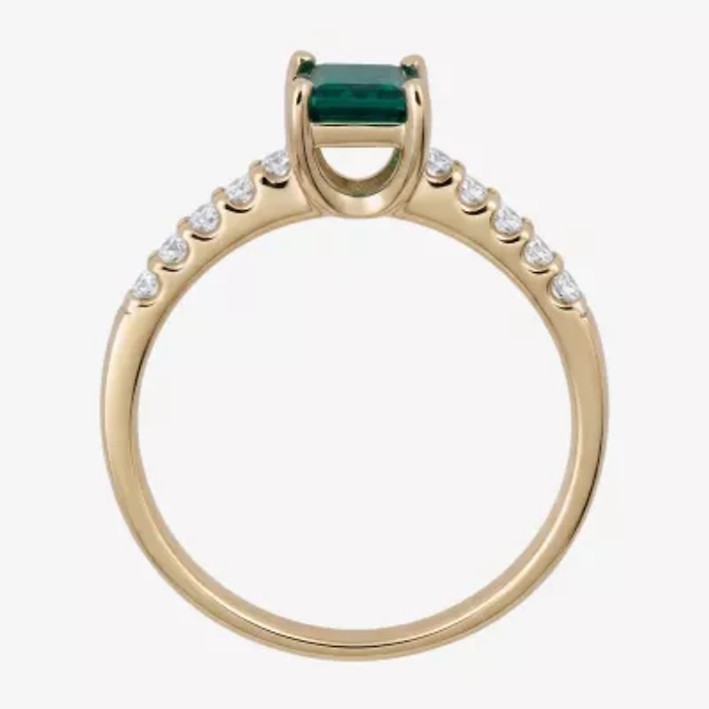 Yes, Please! Womens Lab Created Green Emerald Sterling Silver Side Stone Cocktail Ring