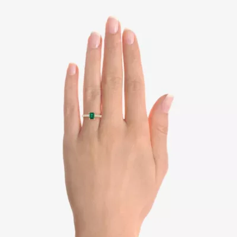 Yes, Please! Womens Lab Created Green Emerald Sterling Silver Side Stone Cocktail Ring