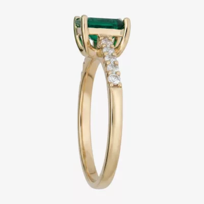 Yes, Please! Womens Lab Created Green Emerald Sterling Silver Side Stone Cocktail Ring