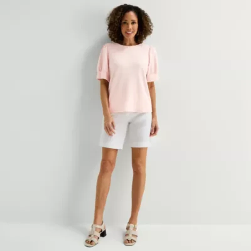 Liz Claiborne Textured Womens Crew Neck Short Sleeve Blouse