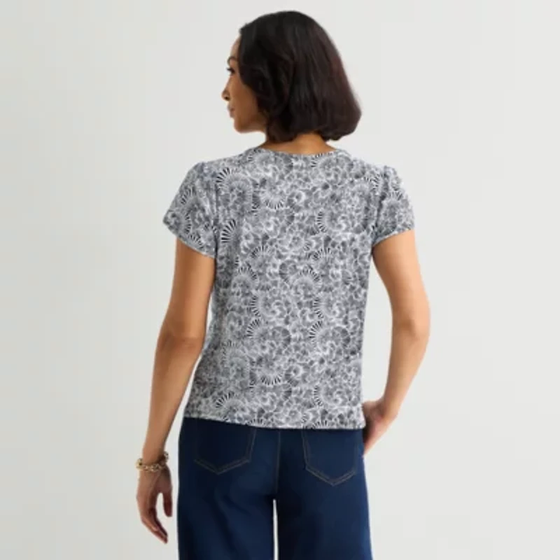 Liz Claiborne Womens Jewel Neck Short Sleeve Blouse