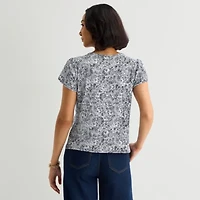 Liz Claiborne Womens Jewel Neck Short Sleeve Blouse