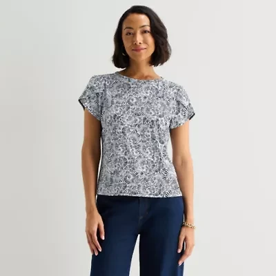 Liz Claiborne Womens Jewel Neck Short Sleeve Blouse