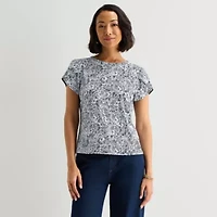 Liz Claiborne Womens Jewel Neck Short Sleeve Blouse