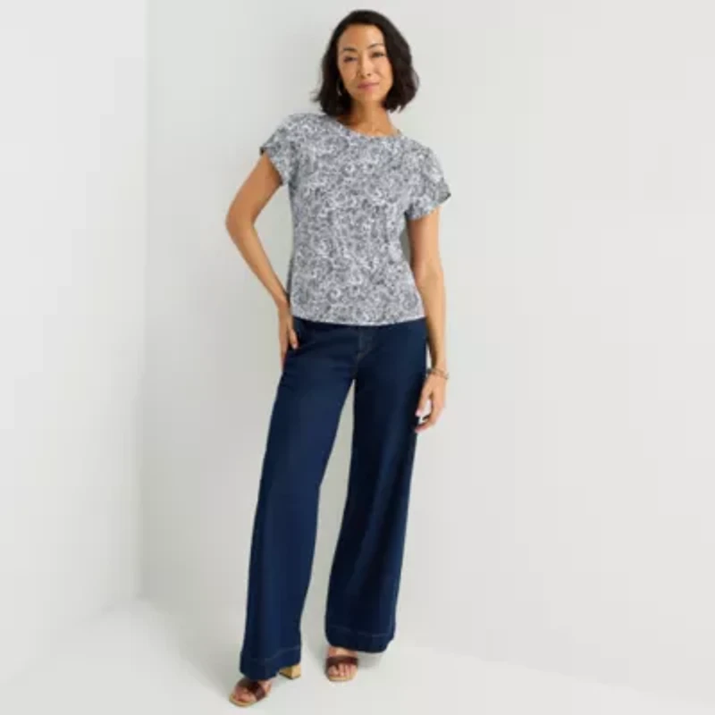 Liz Claiborne Womens Jewel Neck Short Sleeve Blouse