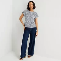 Liz Claiborne Womens Jewel Neck Short Sleeve Blouse
