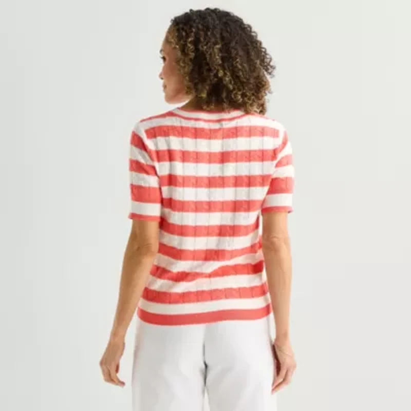 Liz Claiborne Womens Crew Neck Short Sleeve Striped Pullover Sweater
