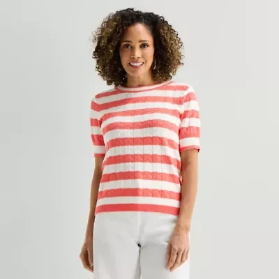 Liz Claiborne Womens Crew Neck Short Sleeve Striped Pullover Sweater