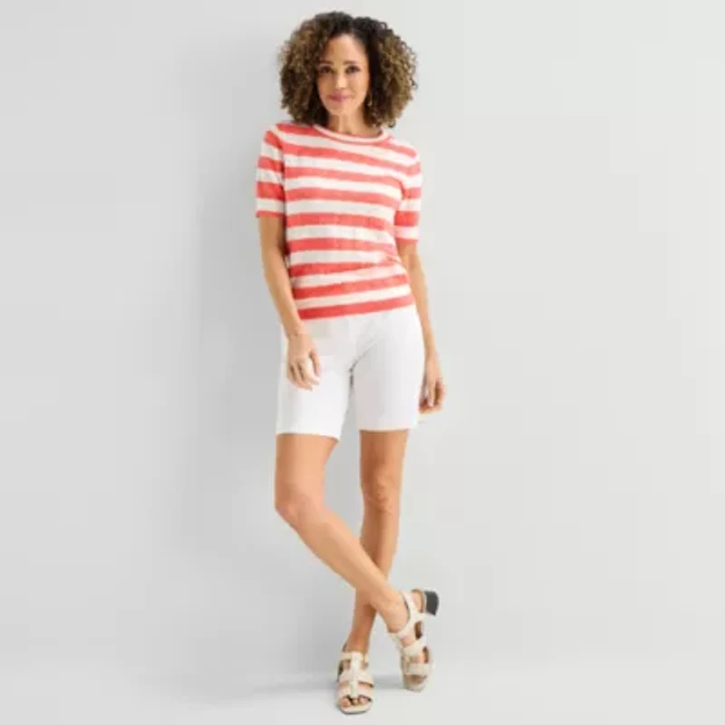 Liz Claiborne Womens Crew Neck Short Sleeve Striped Pullover Sweater