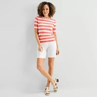 Liz Claiborne Womens Crew Neck Short Sleeve Striped Pullover Sweater