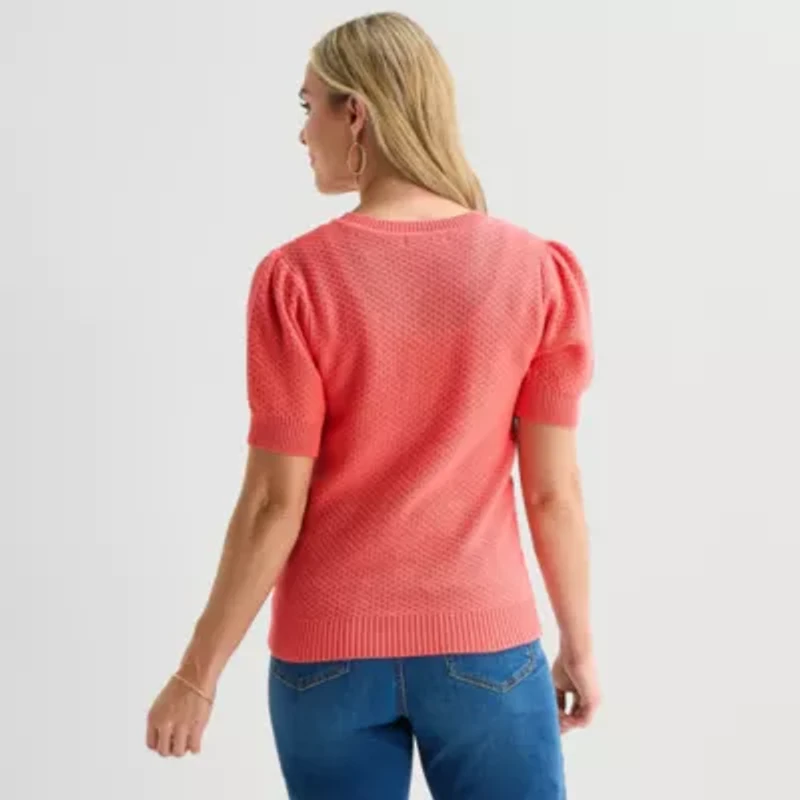 Liz Claiborne Womens Crew Neck Short Sleeve Pullover Sweater