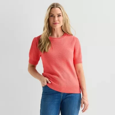 Liz Claiborne Womens Crew Neck Short Sleeve Pullover Sweater