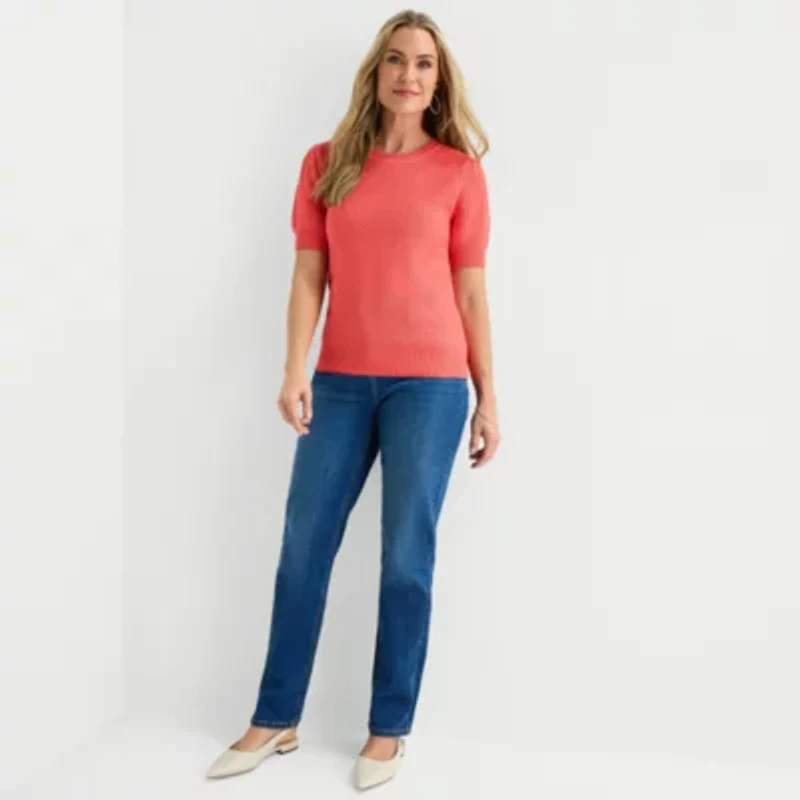Liz Claiborne Womens Crew Neck Short Sleeve Pullover Sweater