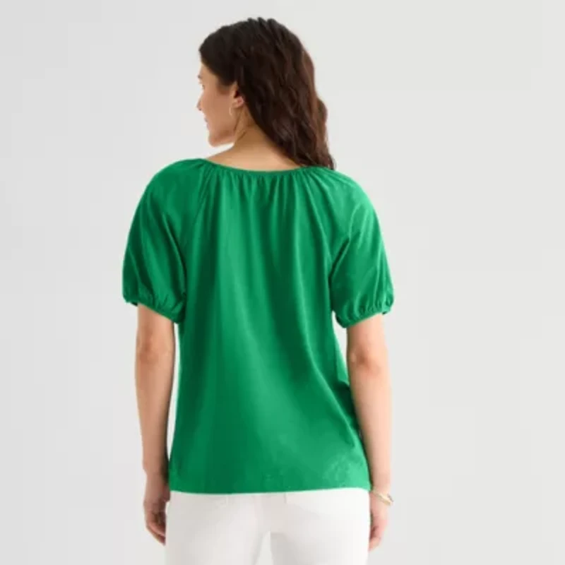 St. John's Bay Womens Split Tie Neck Short Sleeve Blouse