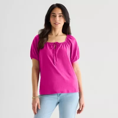 St. John's Bay Womens Split Tie Neck Short Sleeve Blouse