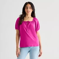 St. John's Bay Womens Split Tie Neck Short Sleeve Blouse