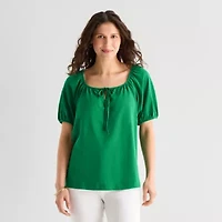 St. John's Bay Womens Split Tie Neck Short Sleeve Blouse
