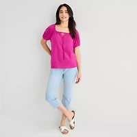 St. John's Bay Womens Split Tie Neck Short Sleeve Blouse