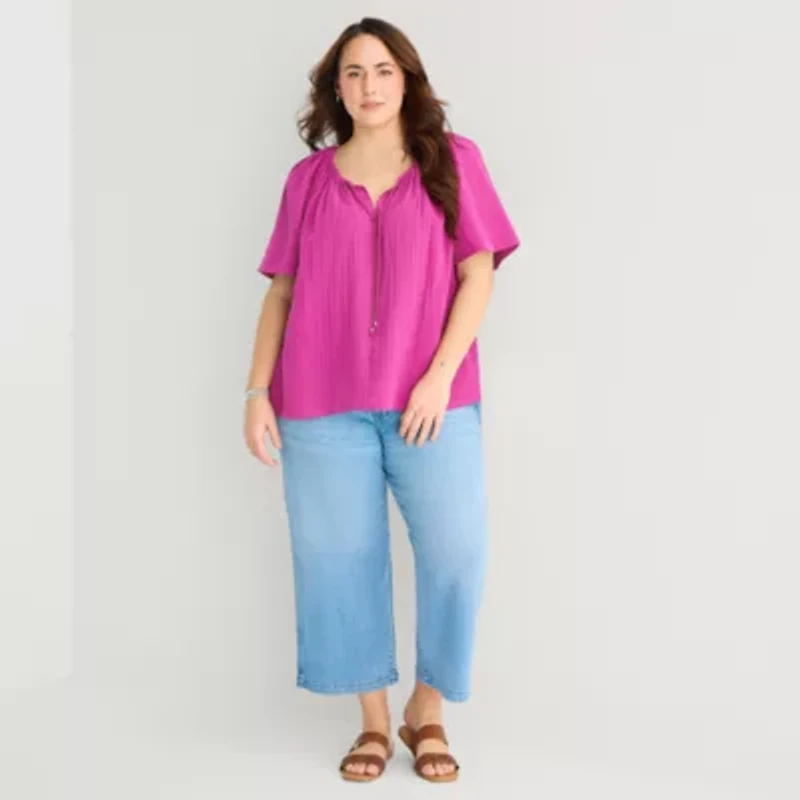 St. John's Bay Womens Plus Split Tie Neck Blouse