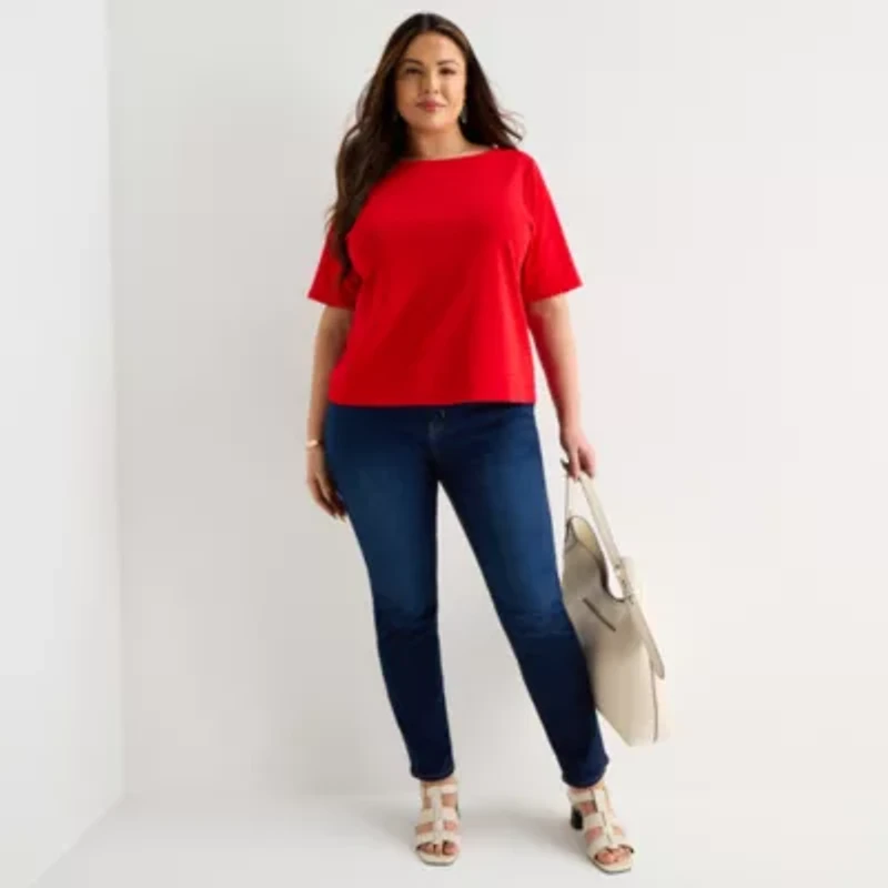 Liz Claiborne Womens Plus Boat Neck Short Sleeve T-Shirt