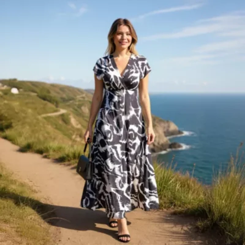 24seven Comfort Apparel Womens Short Sleeve Abstract Empire Waist Dress