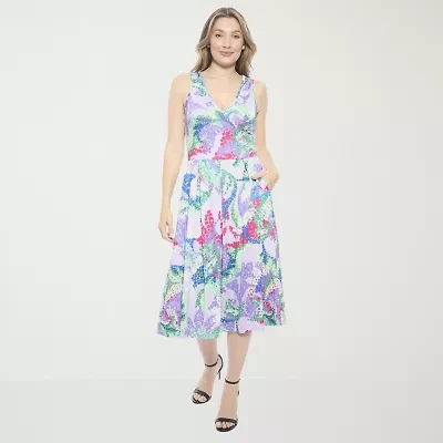 24seven Comfort Apparel Womens Sleeveless Paisley Midi Fit + Flare Dress