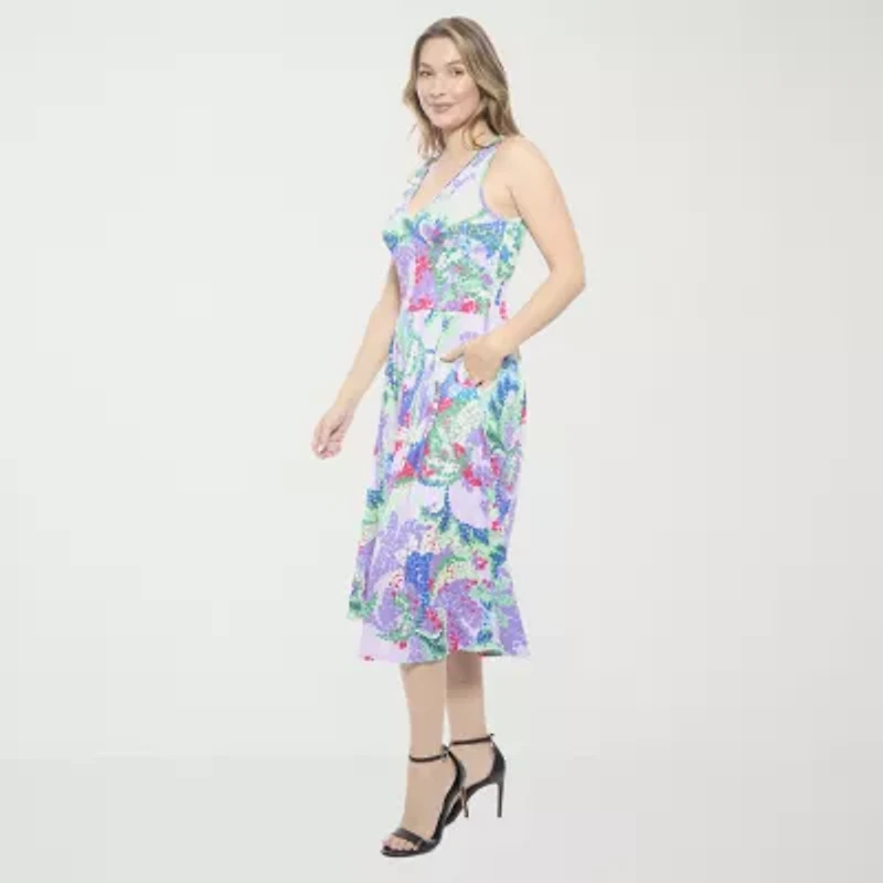 24seven Comfort Apparel Womens Sleeveless Paisley Midi Fit + Flare Dress