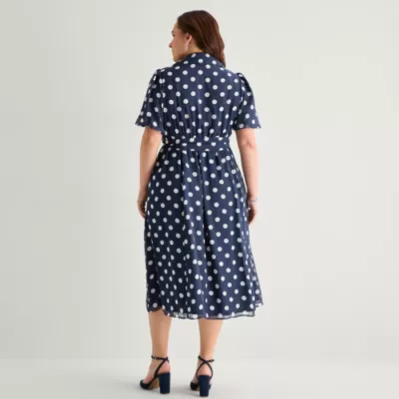 52seven Womens Plus Short Sleeve Midi Dots Shirt Dress