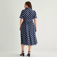 52seven Womens Plus Short Sleeve Midi Dots Shirt Dress