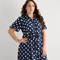 52seven Womens Plus Short Sleeve Midi Dots Shirt Dress