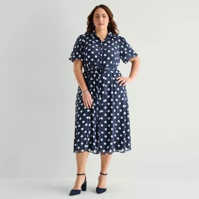 52seven Womens Plus Short Sleeve Midi Dots Shirt Dress