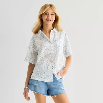 Arizona Womens Juniors Short Sleeve Regular Fit Button-Down Shirt