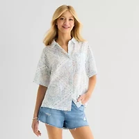 Arizona Womens Juniors Short Sleeve Regular Fit Button-Down Shirt