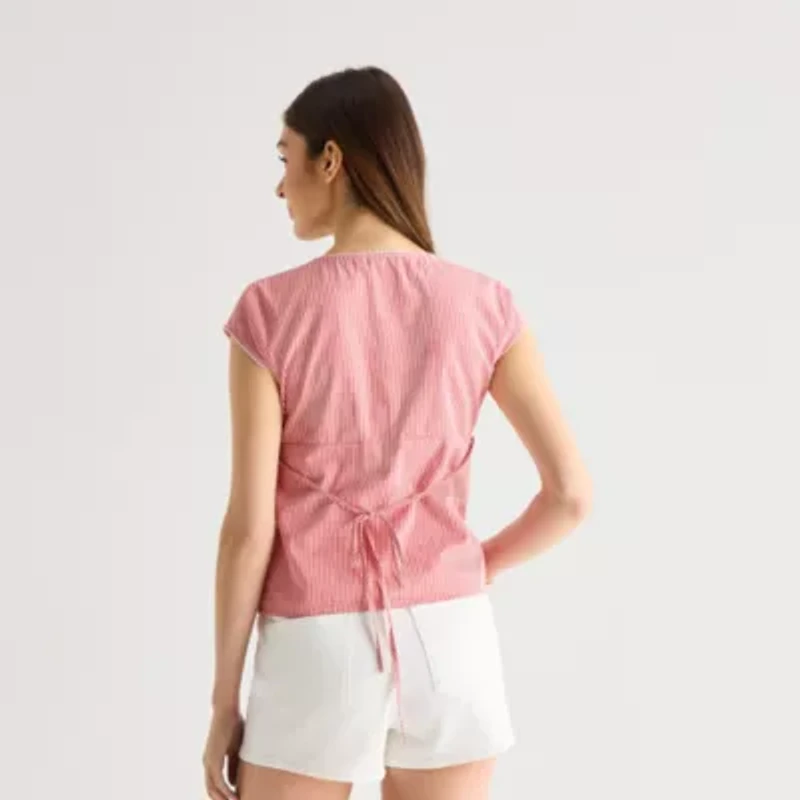 Arizona Womens Juniors V Neck Short Sleeve Blouse