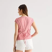 Arizona Womens Juniors V Neck Short Sleeve Blouse