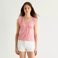 Arizona Womens Juniors V Neck Short Sleeve Blouse