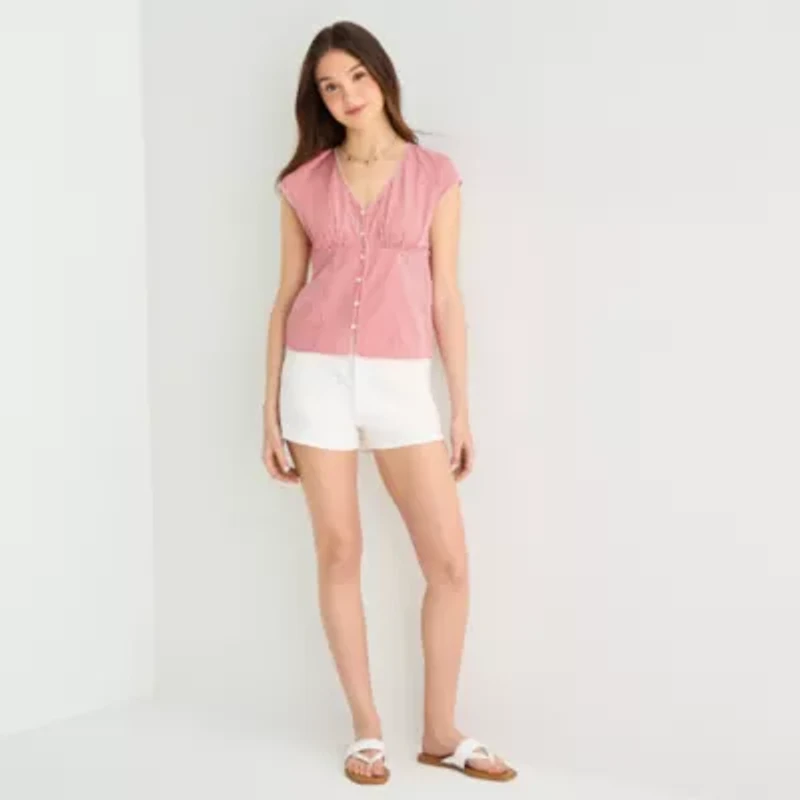 Arizona Womens Juniors V Neck Short Sleeve Blouse