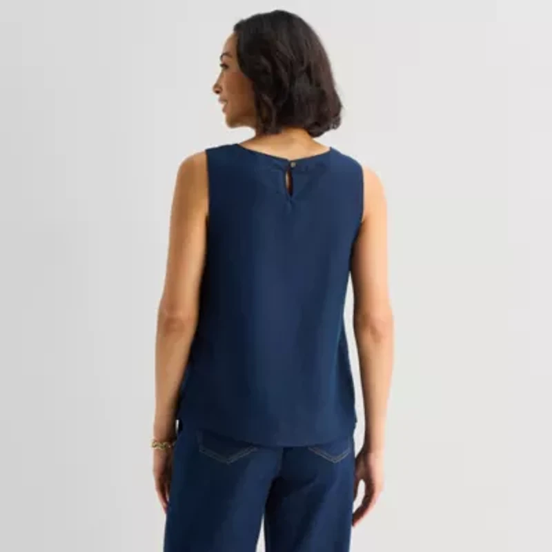 Liz Claiborne Linen Blend Womens Round Neck Sleeveless Blouse