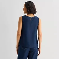 Liz Claiborne Linen Blend Womens Round Neck Sleeveless Blouse