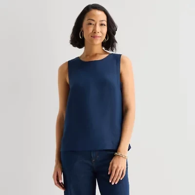 Liz Claiborne Linen Blend Womens Round Neck Sleeveless Blouse