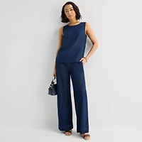 Liz Claiborne Linen Blend Womens Round Neck Sleeveless Blouse