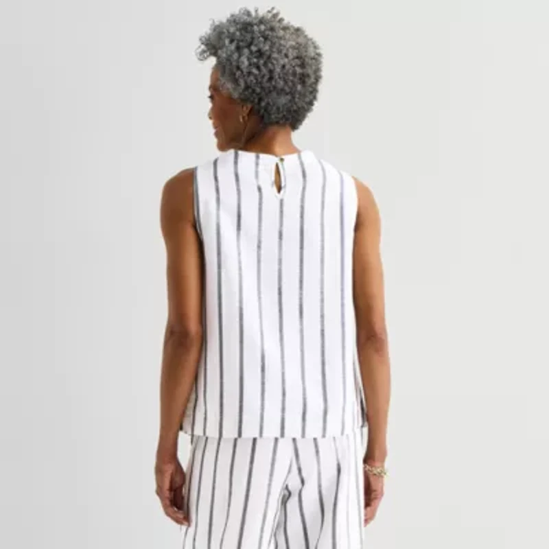 Liz Claiborne Linen Blend Womens Round Neck Sleeveless Blouse