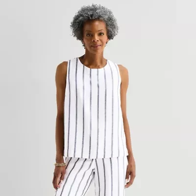 Liz Claiborne Linen Blend Womens Round Neck Sleeveless Blouse