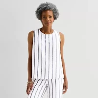 Liz Claiborne Linen Blend Womens Round Neck Sleeveless Blouse
