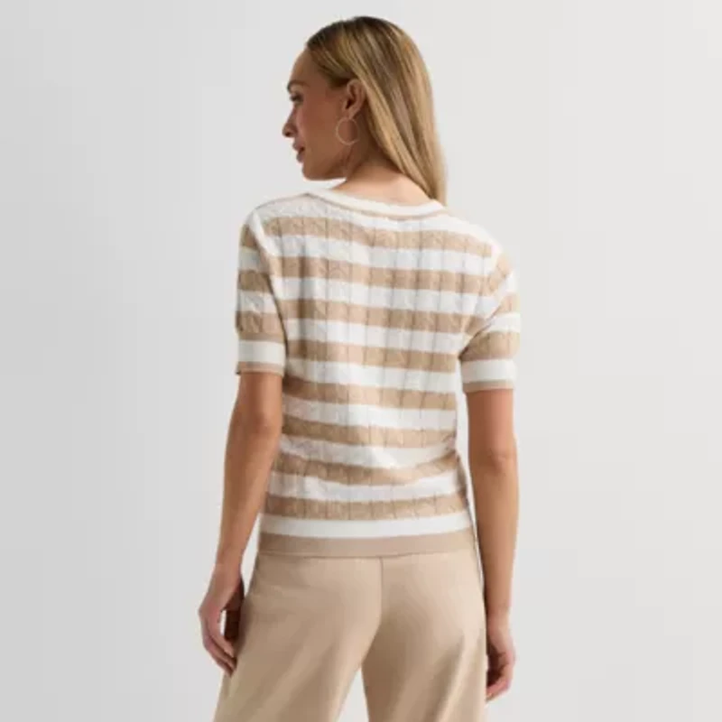 Liz Claiborne Womens Crew Neck Short Sleeve Striped Pullover Sweater
